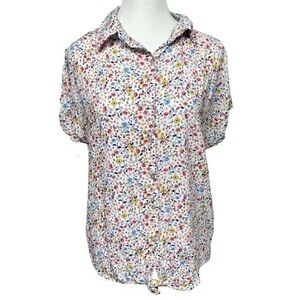 Jane Delancey Ditsy Floral Print Tie Front Short Sleeve Button Up Blouse Boho M